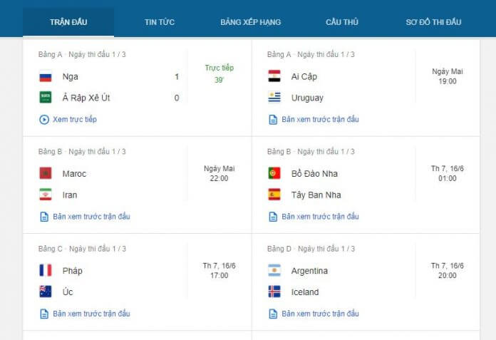 Xem lịch thi đấu, kết quả World Cup 2018