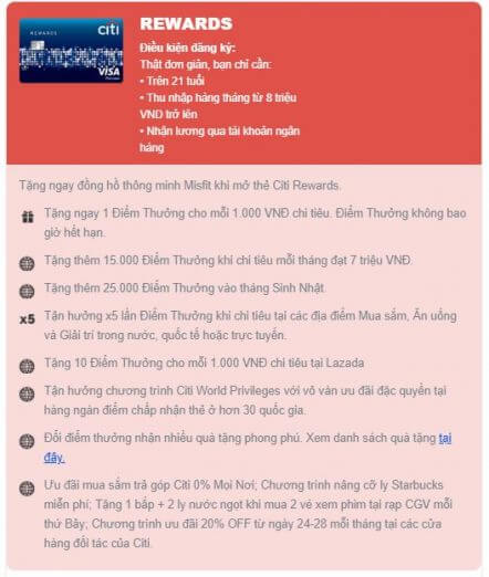 Tặng ngay đồng hồ thông minh Misfit khi mở thẻ Citi Rewards.
